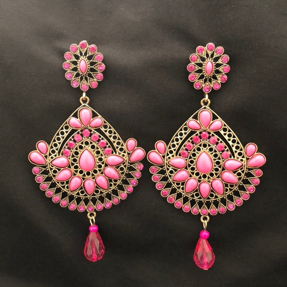 Pink & Gold Jeweled Chandelier Earrings